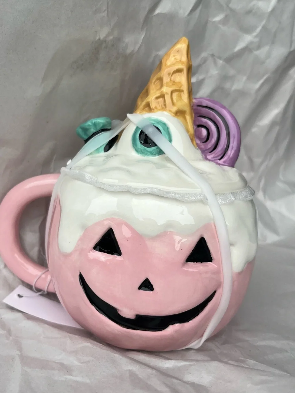 Whimsical Pink Pumpkin Ceramic Mug with Ice Cream Cone Accent